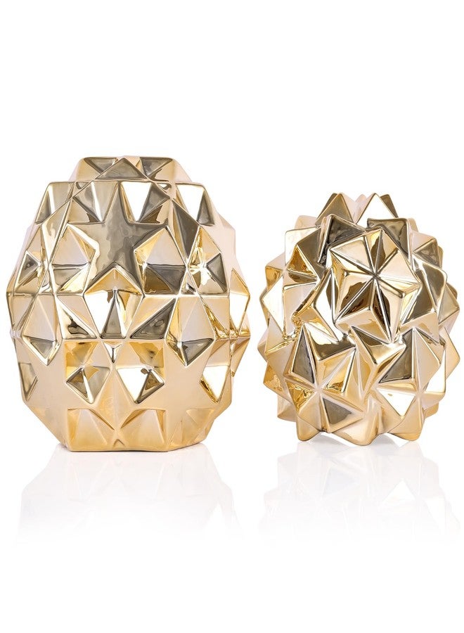 oliruim Gold Decor Geometric Sphere Figurines Set of 2 - Ceramic Gold Abstract Home Accents Orbs for Living Room Coffee Table, Shelf, Mantel, Office Tabletop Contemporary Sculpture - Image 1
